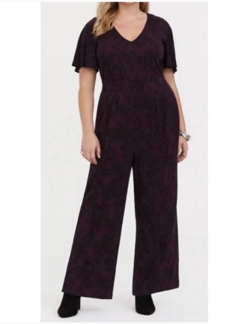 Torrid Lace Print Flutter Sleeve Wide Leg Jumpsuit Purple 1X